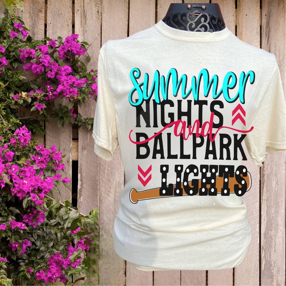 Summer NIGHTS and BALLPARK LIGHTS Baseball GRAPHIC TSHIRT NWT - Sports Mama Tee